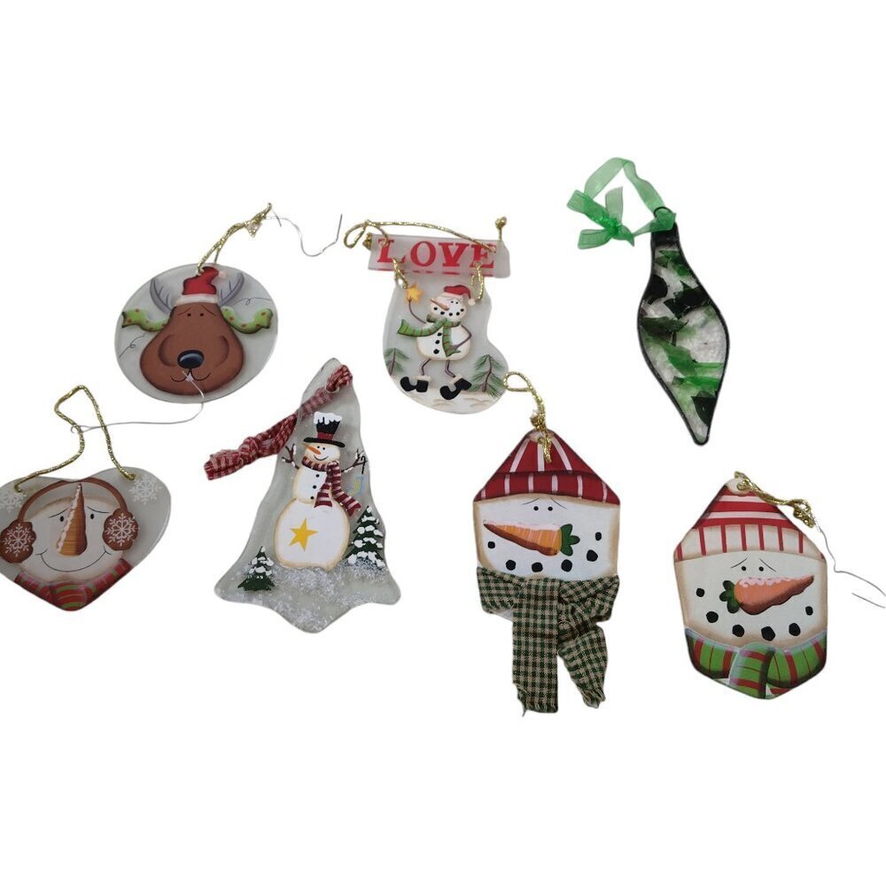 Christmas Ornament Lot Of 7 Flat Glass Snowmen Reindeer Painted Holiday CH26